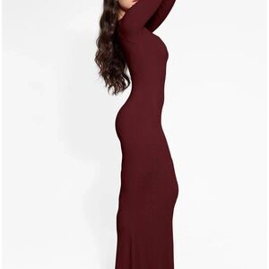 Popilush Maxi Dress Womens L Long Sleeve Bodycon Square Neck Burgundy Casual